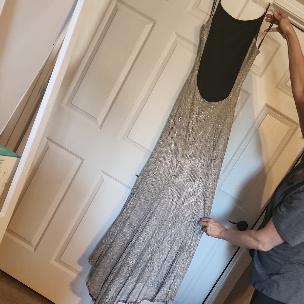 Jessica McClintock Shimmering Silver Backless Dress